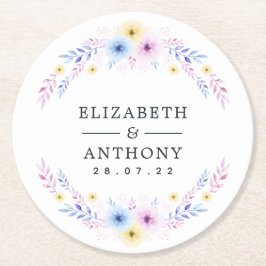 Porta-copo De Papel Redondo Casamento Floral, Amarelo e Azul, Pastel Rosa