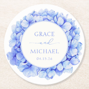 Porta-copo De Papel Redondo Casamento Floral de Hydrangea Watercolor Azul Eleg