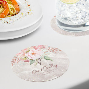 Porta-copo De Papel Redondo Casamento Floral de Mármore de Peônia Rosa Elegant