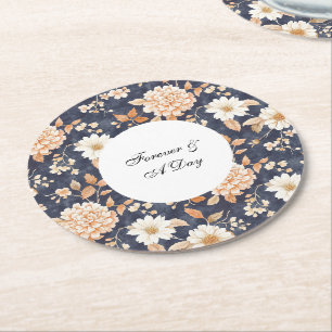 Porta-copo De Papel Redondo Casamento Floral de Pêssego Azul-marinho