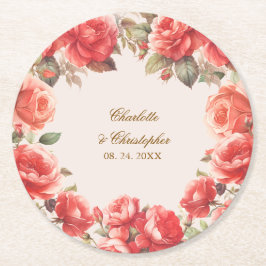 Porta-copo De Papel Redondo Casamento Floral de Rosas vermelhas de Aquarela Ro