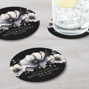 Porta-copo De Papel Redondo Casamento Floral Elegante Branco Negro
