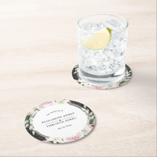 Porta-copo De Papel Redondo Casamento Floral Elegante Preto e Rosa