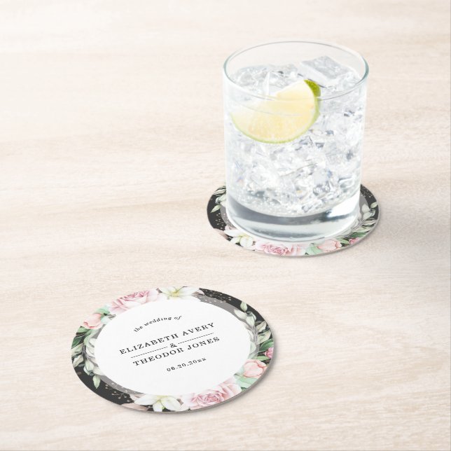 Porta-copo De Papel Redondo Casamento Floral Elegante Preto e Rosa (Insitu)