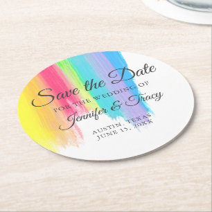 Porta-copo De Papel Redondo Casamento LGBTQ com Rainbow Watercolor Salve a Dat