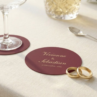 Porta-copo De Papel Redondo Casamento Minimalista Elegante Burgundy Dourado