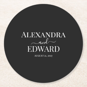 Porta-copo De Papel Redondo Casamento Minimalista Personalizado em Preto e Bra