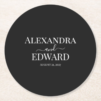 Porta-copo De Papel Redondo Casamento Minimalista Personalizado em Preto e Bra