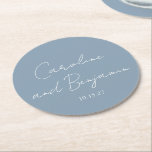 Porta-copo De Papel Redondo Casamento Mínimo Elegante Personalizado Dusty Blue<br><div class="desc">Porta copos de Papel Azul redondo e brilhante para casamentos minimalistas personalizados</div>