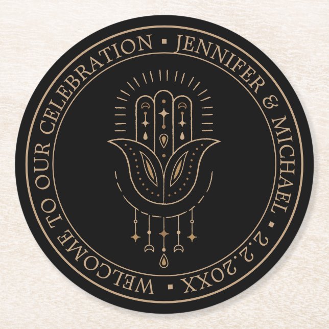 Porta-copo De Papel Redondo casamento místico elegante de ouro negro (Frente)