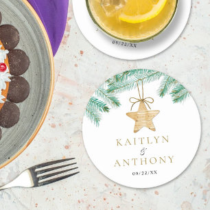 Porta-copo De Papel Redondo Casamento no inverno de Natal Watercolor Pine Boug