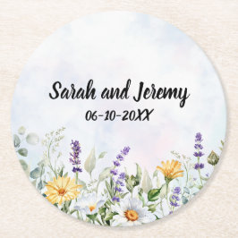 Porta-copo De Papel Redondo Casamento Personalizado com Aquarela de Flor Silve
