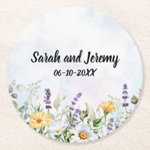 Porta-copo De Papel Redondo Casamento Personalizado com Aquarela de Flor Silve