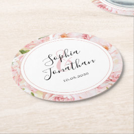 Porta-copo De Papel Redondo Casamento Personalizado de Rosas Rosa Elegante