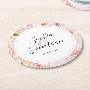 Porta-copo De Papel Redondo Casamento Personalizado de Rosas Rosa Elegante