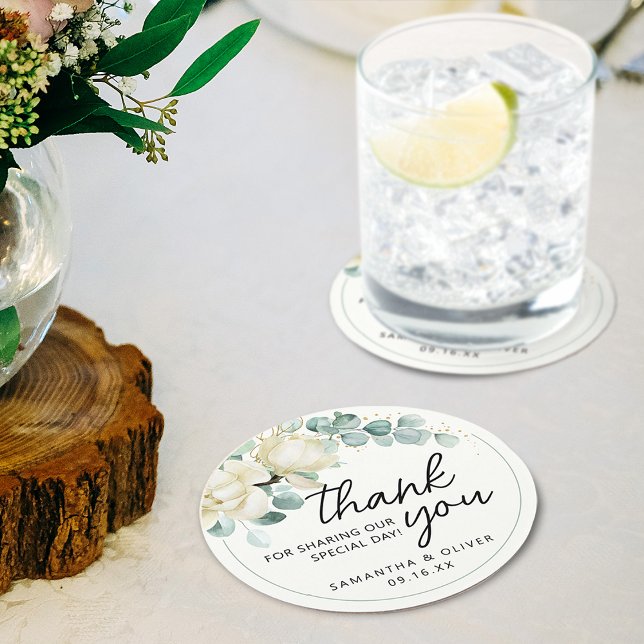 Porta-copo De Papel Redondo Casamento Personalizado Favorito Magnolia Eucalypt (Personalized Wedding Favor Magnolia Eucalyptus Round Paper Coaster)