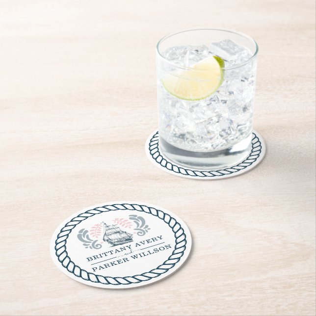Porta-copo De Papel Redondo Casamento Personalizado Náutico Moderno (Insitu)