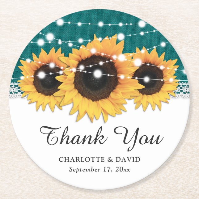 Porta-copo De Papel Redondo Casamento Rustic Teal Burlap Sunflower (Frente)