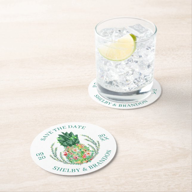 Porta-copo De Papel Redondo Casamento SALVAR A DATA DO Abacaxi Tropical (Insitu)