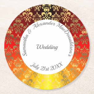 Porta-copo De Papel Redondo Casamento tema damasco de laranja e ouro