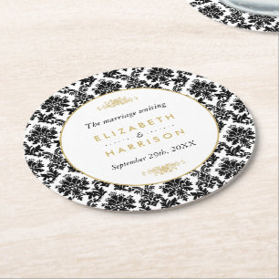 Porta-copo De Papel Redondo Casamento tema damasco Dourado, Preto e Branco