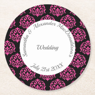 Porta-copo De Papel Redondo Casamento tema damasco rosa e preto Fuchsia