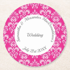 Porta-copo De Papel Redondo Casamento tema damasco rosa quente