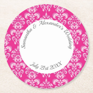 Porta-copo De Papel Redondo Casamento tema damasco rosa quente