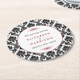 Porta-copo De Papel Redondo Casamento tema damasco vermelho, preto e branco