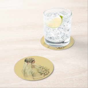 Porta-copo De Papel Redondo Casamento vintage, Retrato de Noiva Vitoriana