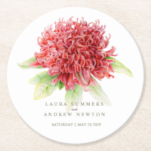 Porta-copo De Papel Redondo Casamento Waratah Botânico Aquarela vermelho e ver