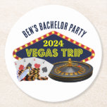 Porta-copo De Papel Redondo Casino de viagem de Las Vegas do Partido de Bachel<br><div class="desc">Personalize suas próprias portas copos de despedida de solteiro para uma fuga em Las Vegas. Uma porta copos personalizada legal com grampos de casino de jogos como um baralho, chips de pôquer e roda de roleta com Vegas Trip em um roteiro amarelo. Design de jogador divertido para seus padrinhos de...</div>