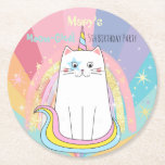 Porta-copo De Papel Redondo Caticorn Cat Miow-Gical Birthday Kid<br><div class="desc">Linha de aniversário mágica de erva-doce para garotas em qualquer idade. Arco-íris bonito,  pastel com unicórnio de gato e estrelas. Outros suprimentos de terceiros também disponíveis. Tudo editável!</div>