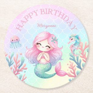 Porta-copo De Papel Redondo Cauda de Sereia Rosa Azul Aniversário de Menina
