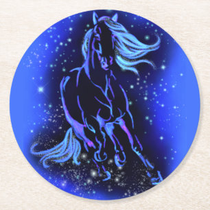 Porta-copo De Papel Redondo Cavalo Azul Neon Correndo À Lua À Noite Estrelad