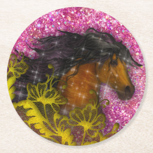 Porta-copo De Papel Redondo Cavalo com Brilho Rosa