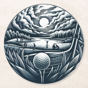 Porta-copo De Papel Redondo Cena de Golfe Vintage com Jogadores e Carrinho