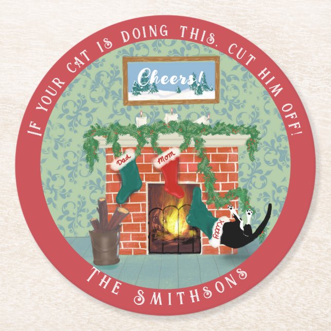 Porta-copo De Papel Redondo Cena de Natal Whimsical em Gato e Meias (Frente)