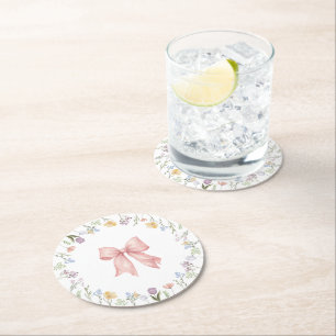 Porta-copo De Papel Redondo Chá de Bebê em Aquarela Floral com Laço Rosa