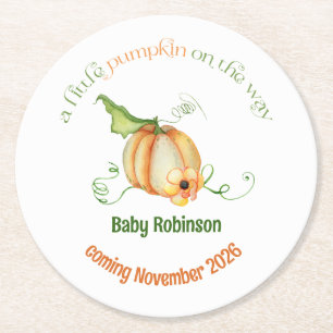 Porta-copo De Papel Redondo Chá de Bebê Neutro de Gênero Little Pumpkin Fall