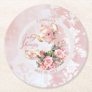 Porta-copo De Papel Redondo Chá de fraldas de Garota Floral Elegante Rosa Alta