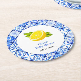 Porta-copo De Papel Redondo Chá de fraldas de limão do Mediterrâneo Azulejo az