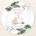 Porta-copo De Papel Redondo Chá de fraldas de outono das decorações de mesas<br><div class="desc">Celebre a chegada do seu pequeno com decorações de mesa encantadoras para um chá de fraldas de outono, perfeito para um outono Sip and See. Essas portas copos personalizadas apresentam uma raposa aquosa branca, folhagem de queda macia e uma abóbora branca — ideal para um tema de chá de fraldas...</div>