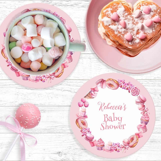 Porta-copo De Papel Redondo Chá de fraldas Rosa Candy Frame Girl (Pink Candy and Treats Frame Girl Baby Shower Paper Coaster)