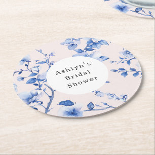 Porta-copo De Papel Redondo Chá de Noiva Floral Azul Romântico Rosa