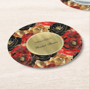 Porta-copo De Papel Redondo Chá de Noiva Floral Glam Preto Vermelho Dourado