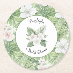 Porta-copo De Papel Redondo Chá de Noiva Floral Hibisco Folhas Tropicais