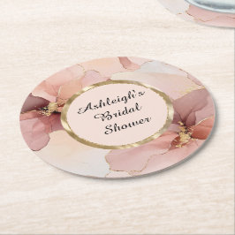 Porta-copo De Papel Redondo Chá de Noiva Floral Rosa Bege Romântico a Dourado