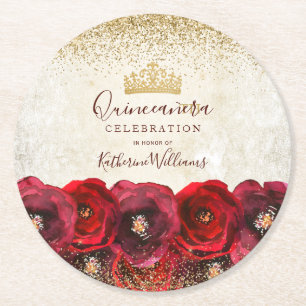 Porta-copo De Papel Redondo Chic Rosa Vermelha Floral Coroa Dourada Quinceañer