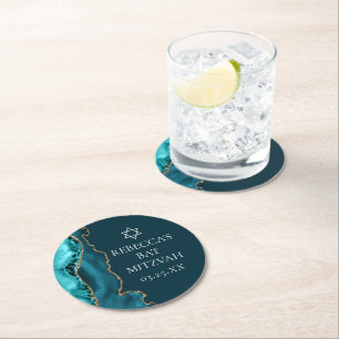 Porta-copo De Papel Redondo Chic Teal Dourado Agate Bat Mitzvah